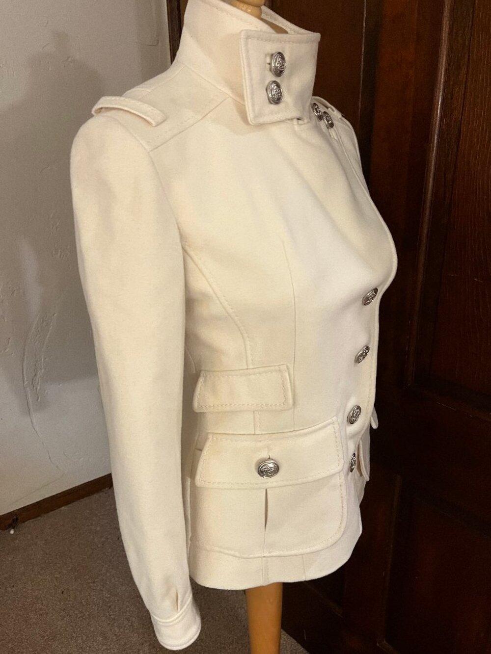 Laundry by Shelli Segal Ivory Wool Military Inspired Coat Size 2 - Picture 12 of 16